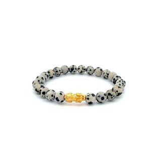 18K Gold Dragon Pixiu Piyao Lucky Charm Bracelet Gemstones Dalmatian Jasper 6mm